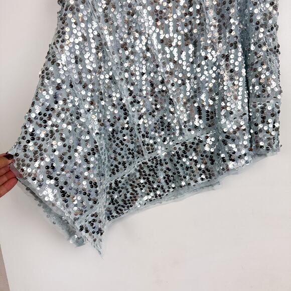 Anthropologie Sequins Asymmetrical Hem Tank Top Party Holidays Blue Silver - M - Picture 4 of 10